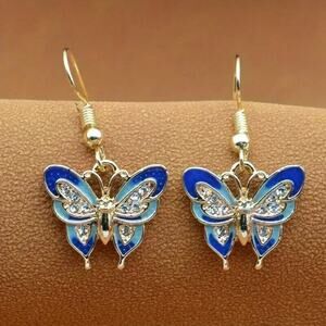 Exquisite Blue Enamel Butterfly Design Shiny Zircon Dangle Earrings.